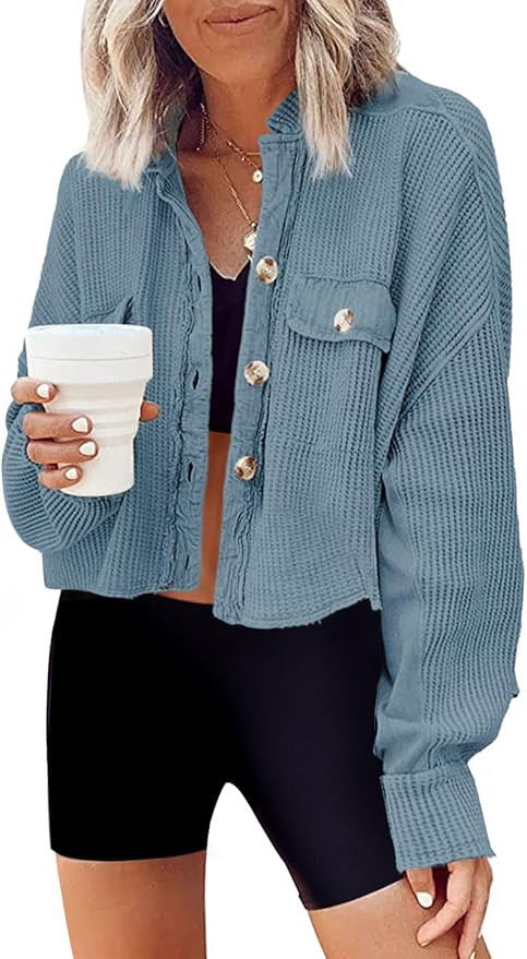 Panadila Women's Cropped Waffle Knit Shacket Short Button Down Jacket Batwing Sleeve Shirts with ... | Amazon (US)
