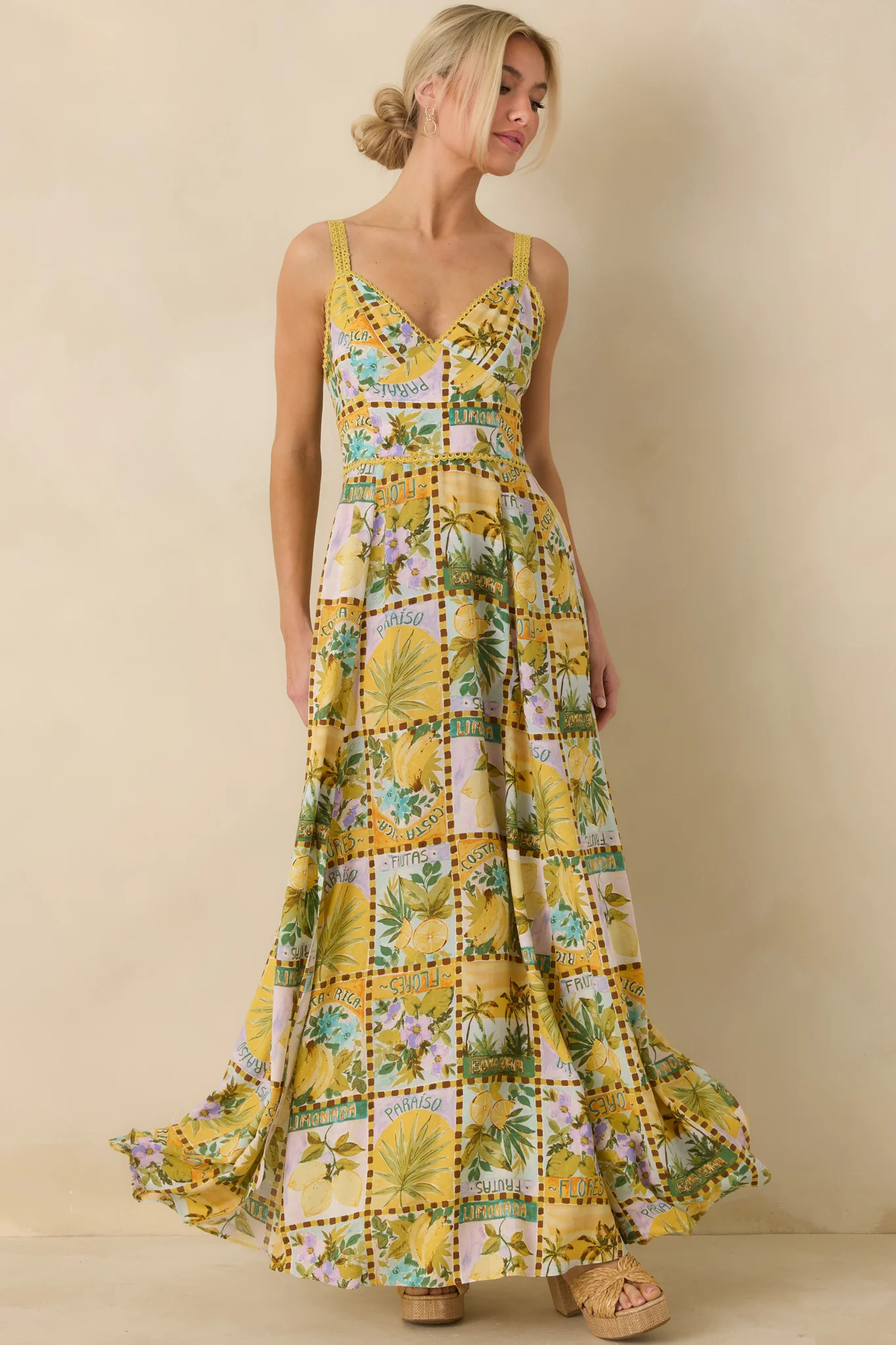 One To Remember Yellow Tropical Print Linen Blend Maxi Dress | Red Dress