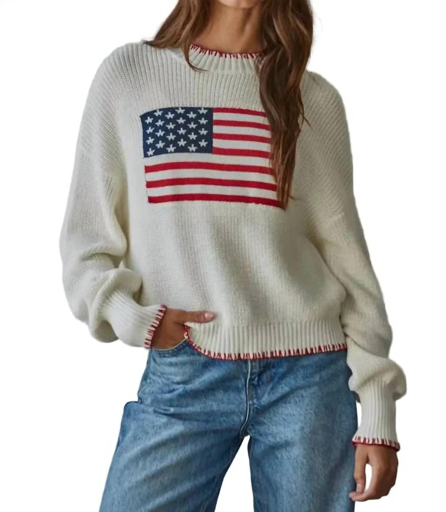 Knit American Flag Pullover Sweater In Off White | Shop Simon