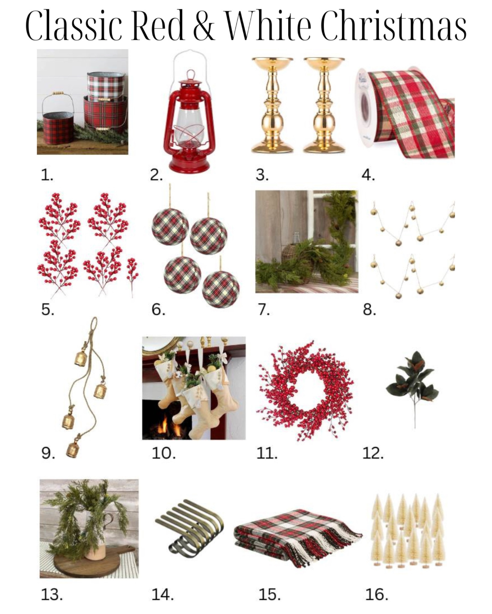 Decorate your home for Christmas with classic red and white decorations. Classic Christmas plaid ribbon, ornaments, pillows, and throw. Red berry wreath and red berry picks. Tartan plaid metal buckets hold greenery. Gold bells and candlesticks add traditional style. Custom stockings in a neutral color scheme. The best mantel hooks to hang stockings securely. A collection of white bottle brush trees add texture. 

#LTKHoliday #LTKSeasonal #LTKhome
