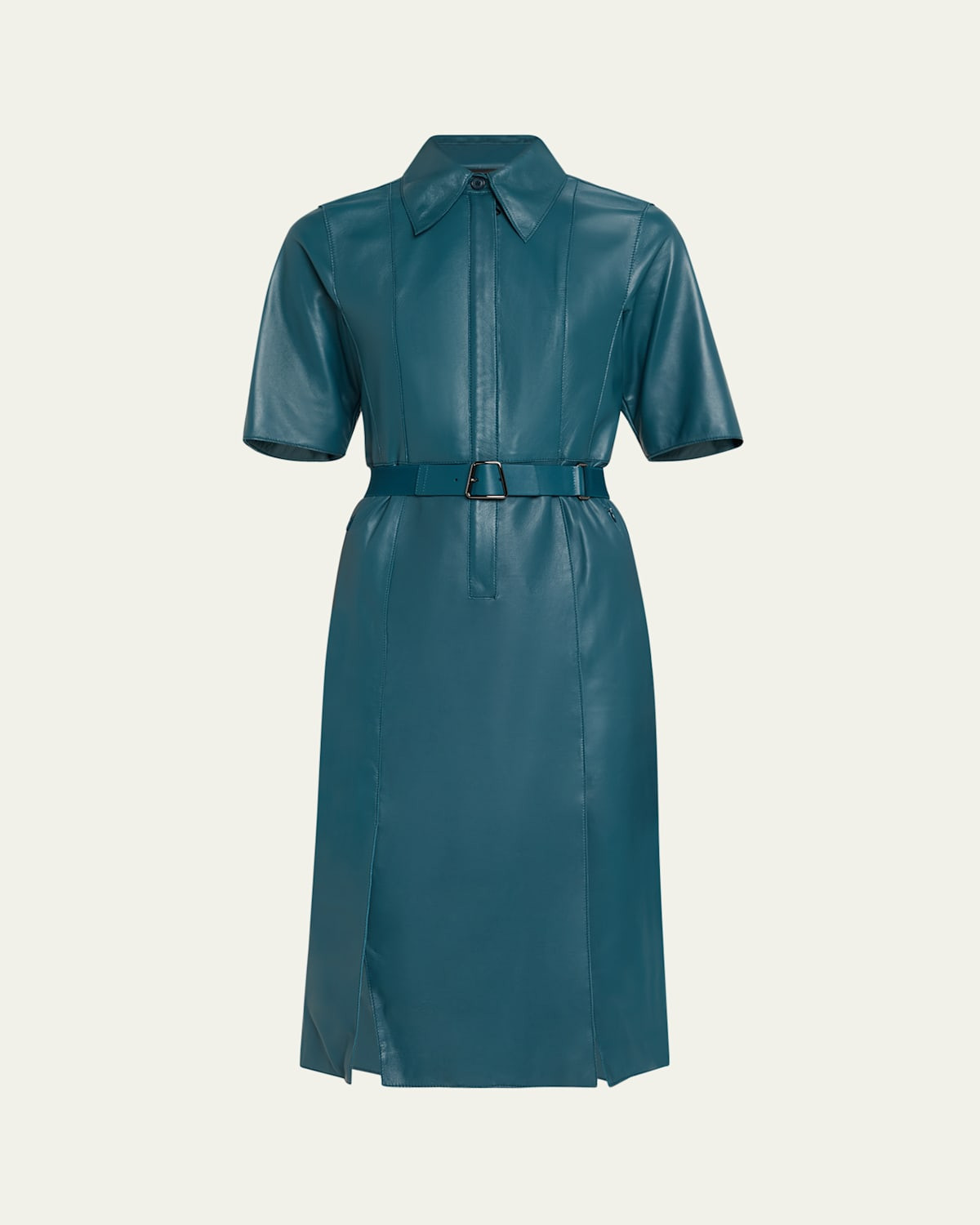 Short-Sleeve Nappa Leather Belted Shirtdress | Bergdorf Goodman