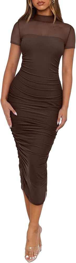 REORIA Women's Summer Mesh Sheer Short Sleeve Midi Ruched Bodycon Dress Mock Neck Elegant Evening... | Amazon (US)