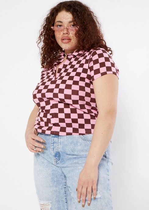Plus Pink And Brown Checker Print Full Button Front Polo Top | rue21
