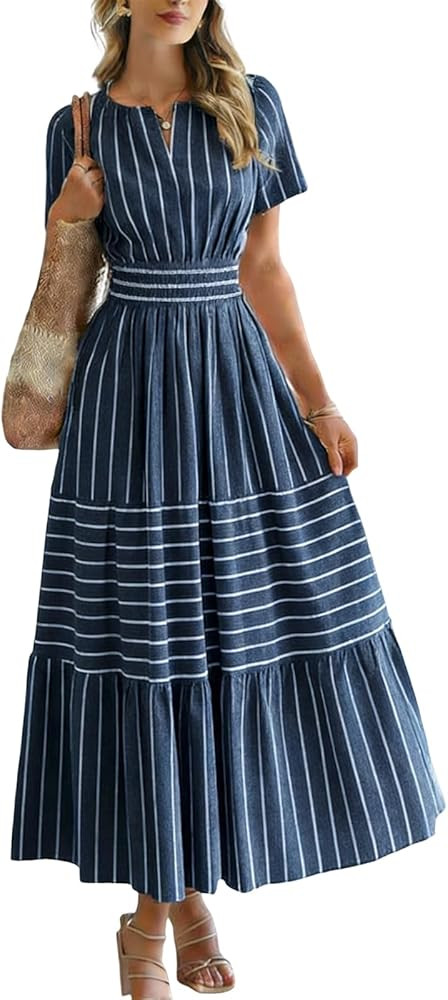 utcoco Womens Summer 2026 Casual Striped Maxi Dress Short Sleeve V Neck Elastic Waist Boho Beach ... | Amazon (US)