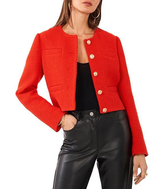 Long Sleeve Crew Neck Button Front Basket Weave Coordinating Cropped Lady Jacket | Dillard's