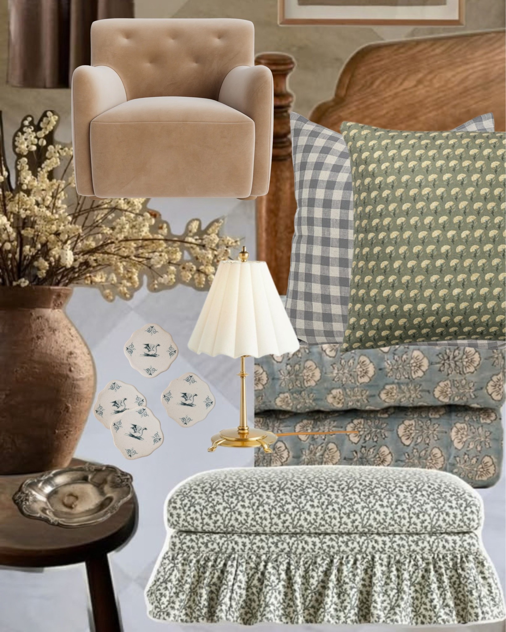 Traditional doesn’t have to mean formal.

A comfortable upholstered chair, small-scale florals, gingham, pleated lighting, and a skirted ottoman bring classic details into a room in a way that feels relaxed and lived-in.

All linked here 🤍 #LTKhome