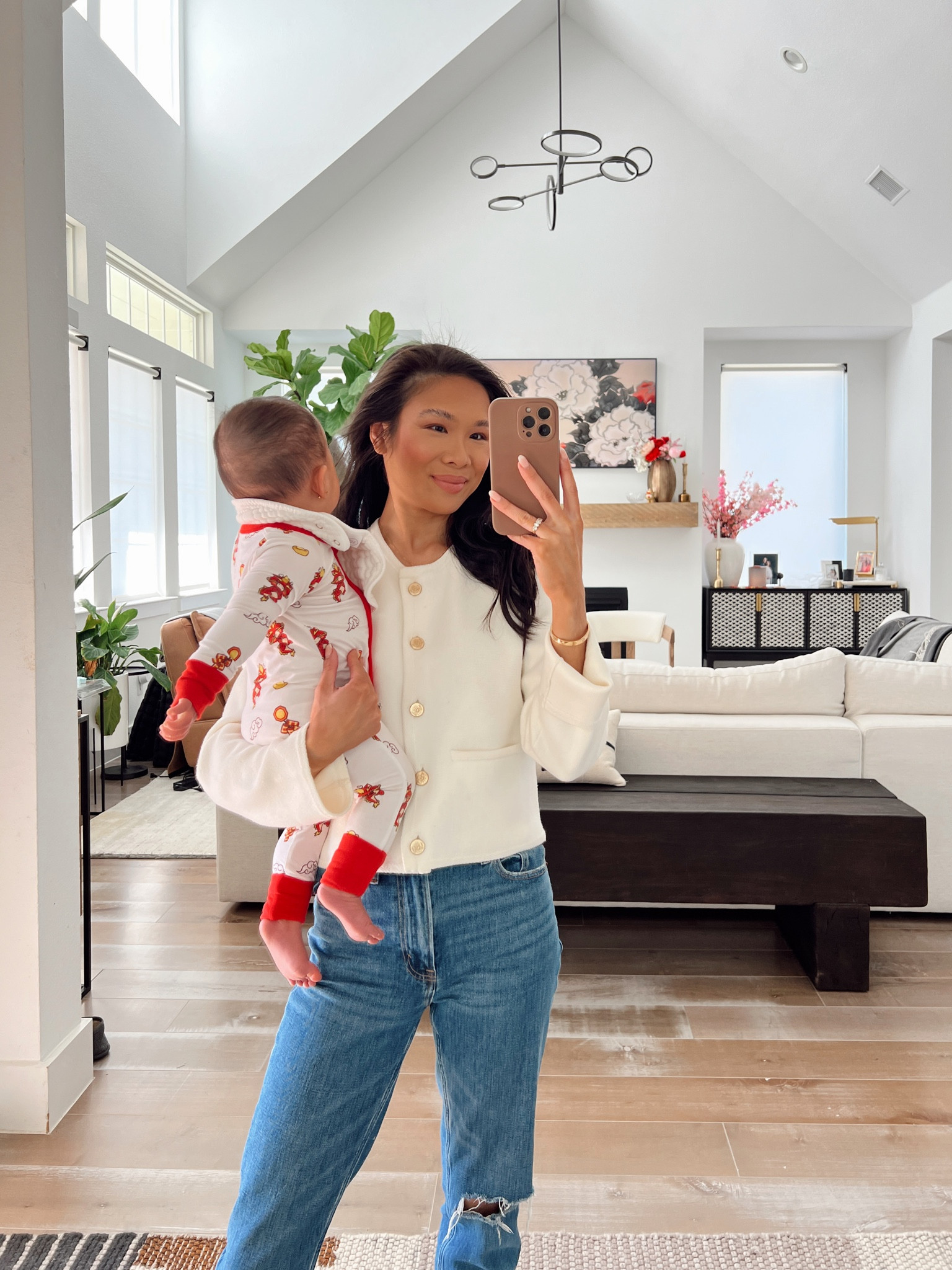 Winter outfit with crew sweater jacket that is 15% off paired with high rise mom jeans that are 40% off! Wearing size XS in the sweater jacket and size 25 in the jeans; both fit true to size. Perfect for casual stay at home workwear or early spring outfit! 

#LTKSeasonal #LTKstyletip