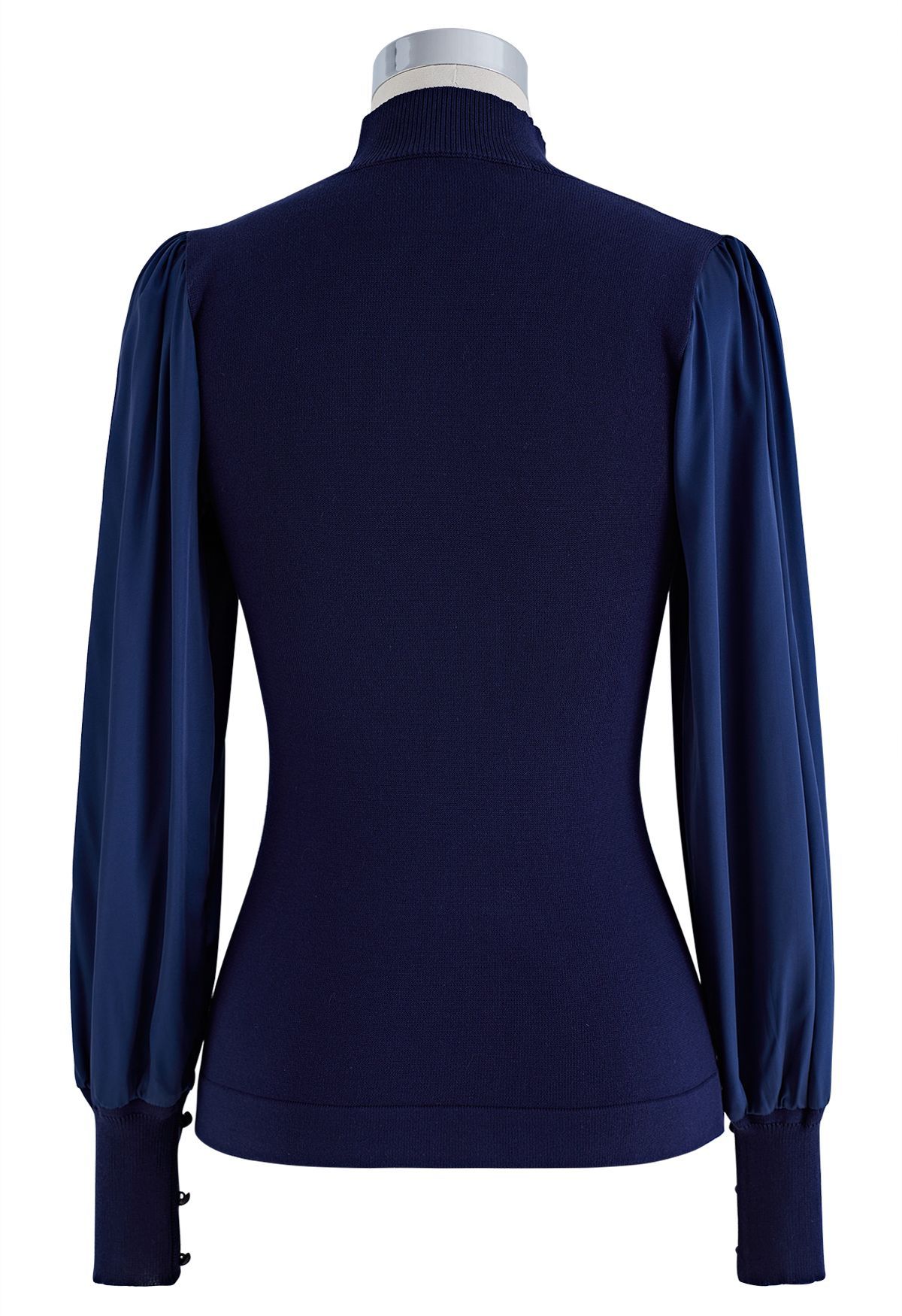 Mock Neck Satin Spliced Knit Top in Navy | Chicwish