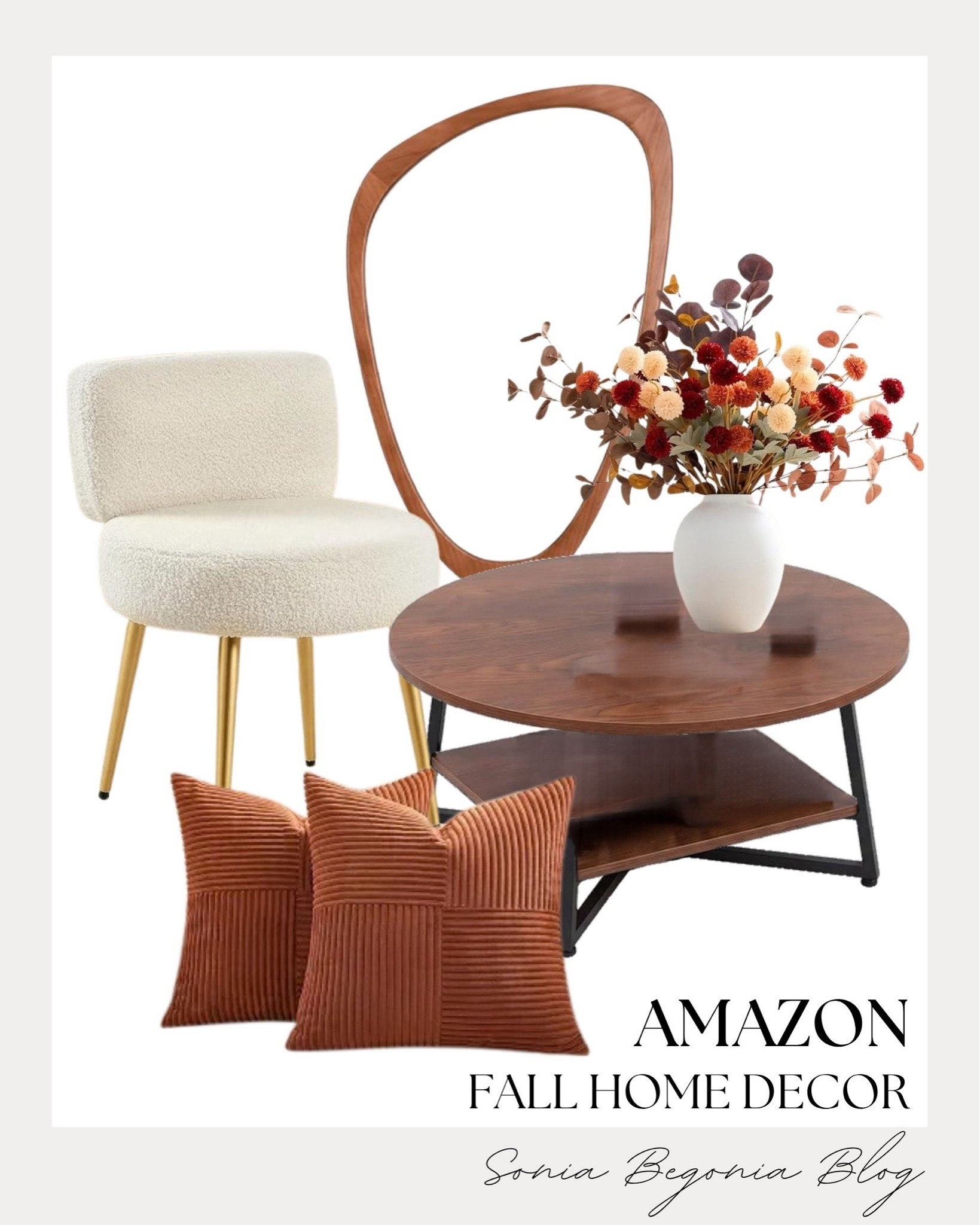 Warm fall home refresh! 🍂

I styled this cozy living space setup featuring a wooden coffee table, an organic wooden mirror, and a textured white accent chair with gold legs.

I added terracotta corduroy throw pillows and a ceramic vase with autumn floral stems to bring the look together. 🌾✨

#AmazonHome #FallHomeDecor #CozyHome #LTKhome #AutumnAesthetic #LivingRoomInspo #HomeDecorFinds #AmazonFinds

#LTKHome #LTKSeasonal