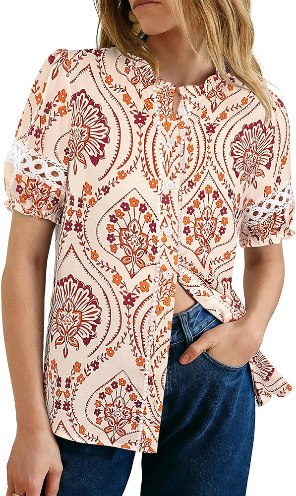 GRACE KARIN Women Boho Floral Tops, Summer Short Eyelet Sleeve Dressy Casual Shirts, Spring Butto... | Amazon (US)