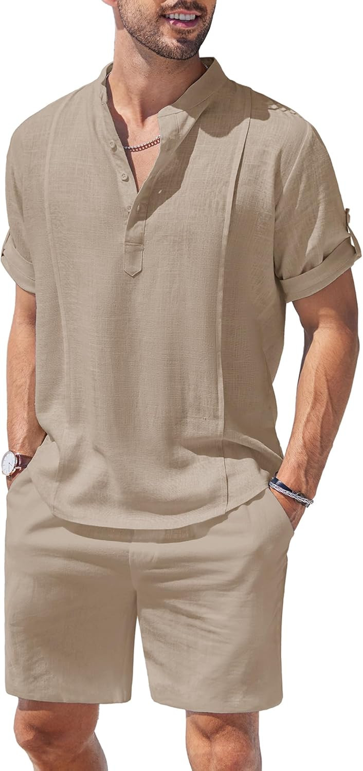 COOFANDY Men's 2 Pieces Linen Set Henley Shirt Short Sleeve and Shorts Summer Beach Yoga Matching... | Amazon (US)
