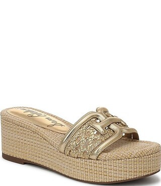 Sam Edelman Pauleena Metallic Woven Raffia Double E Logo Platform Wedge Slide Sandals | Dillard's | Dillard's