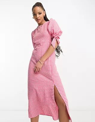 Nobody's Child Esme tie sleeve midi dress in pink and red gingham | ASOS | ASOS (Global)
