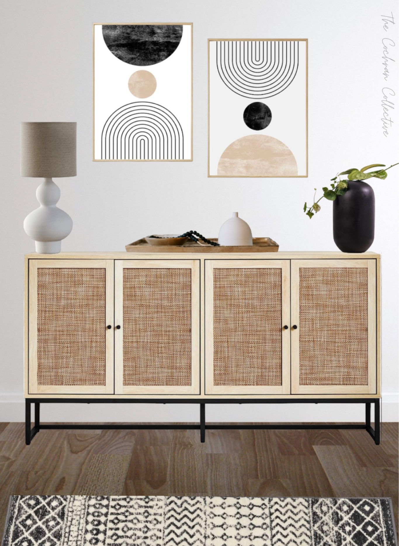 Find the link for this modern rattan sideboard / tv console / entry table (on sale), rug, and wall art from my Pinterest mock up here

#LTKsalealert #LTKSale #LTKhome