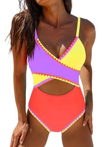 popvil One Piece Swim Suit for Women 2026 Neon Bathing Suit Cut Out Wrap Color Block Swimsuits Shell Stitched Swimwear, Purple Yellow,Large | Amazon (US)