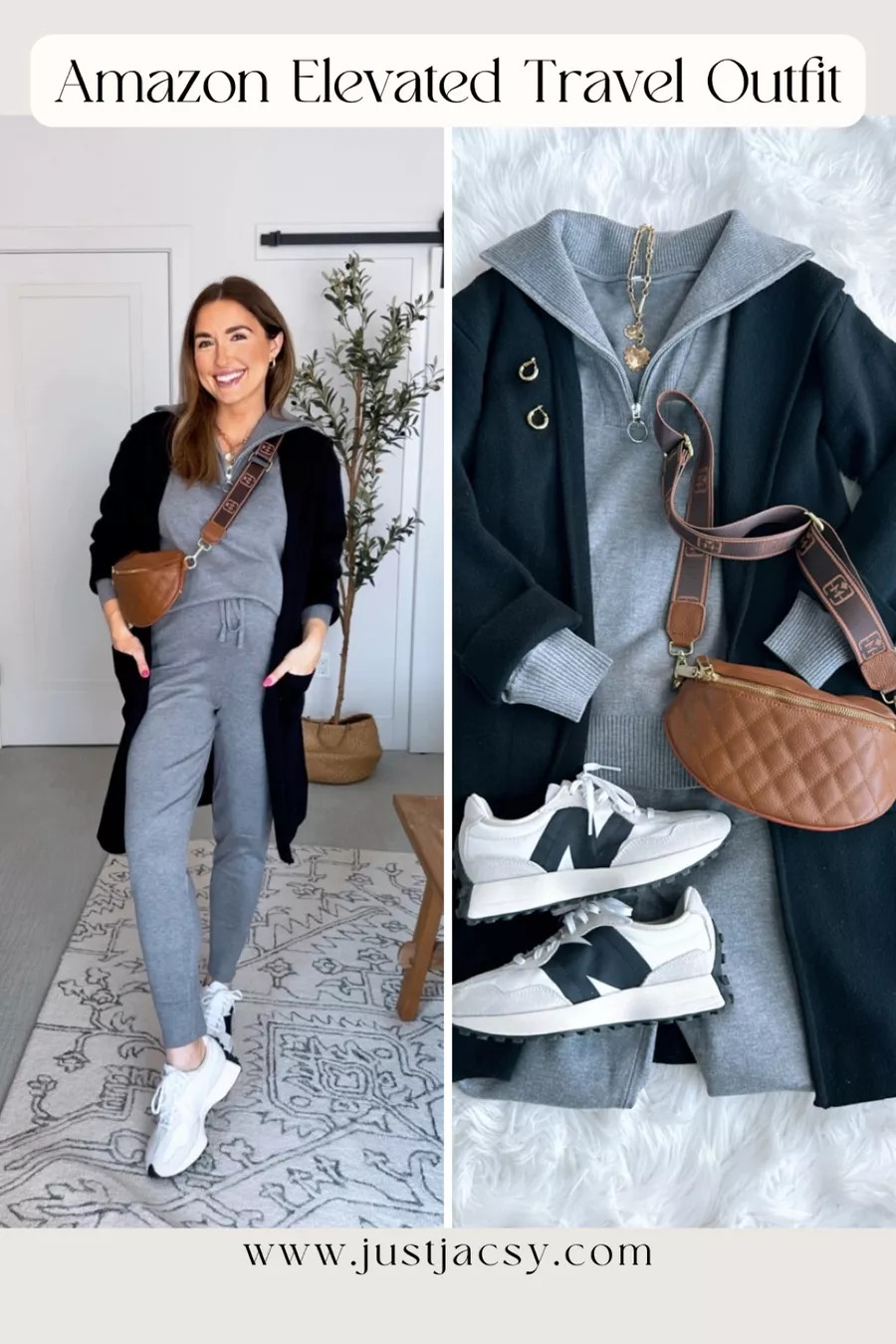 Amazon elevated travel outfit *wearing my true size in the sneakers, go up 1/2 size if you like to wear with thicker socks * 2 piece set is soo comfy and elevated. Wearing S in the dark grey 

 #LTKHoliday #LTKgrwm #LTKootd