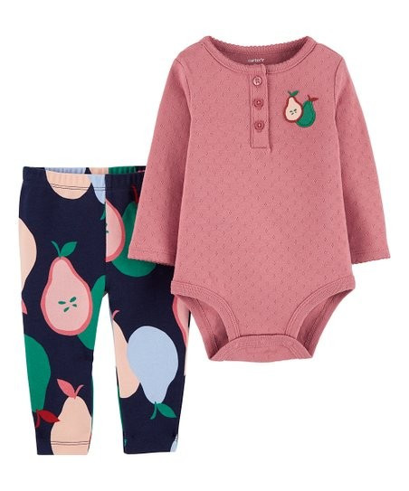 Pink Pear Long-Sleeve Bodysuit & Navy Pear Pants - Newborn & Infant | Zulily