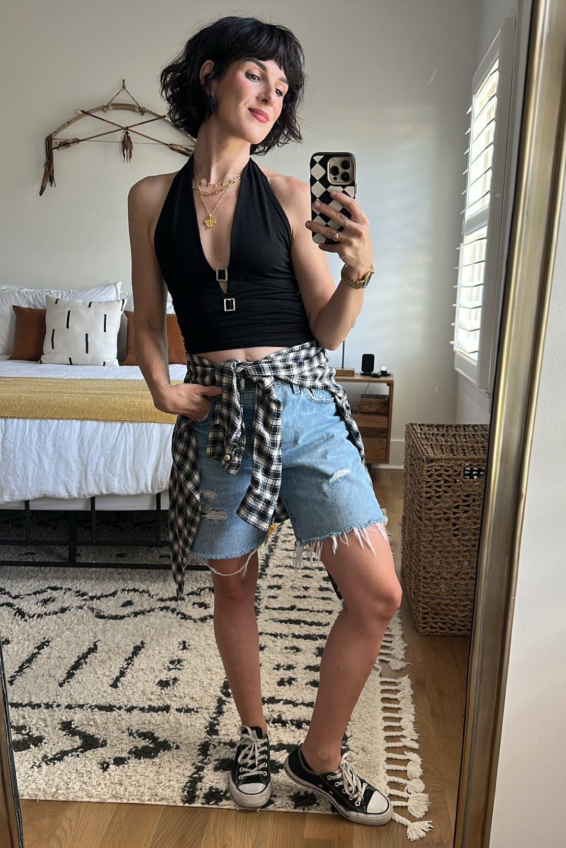 Fall style - fall outfit - ootd - easy fall fashion - 90s grunge - 90s fashion - boyfriend denim shorts - plaid shirt - halter top - converse -  layered gold necklaces

#LTKfindsunder100 #LTKstyletip #LTKSeasonal