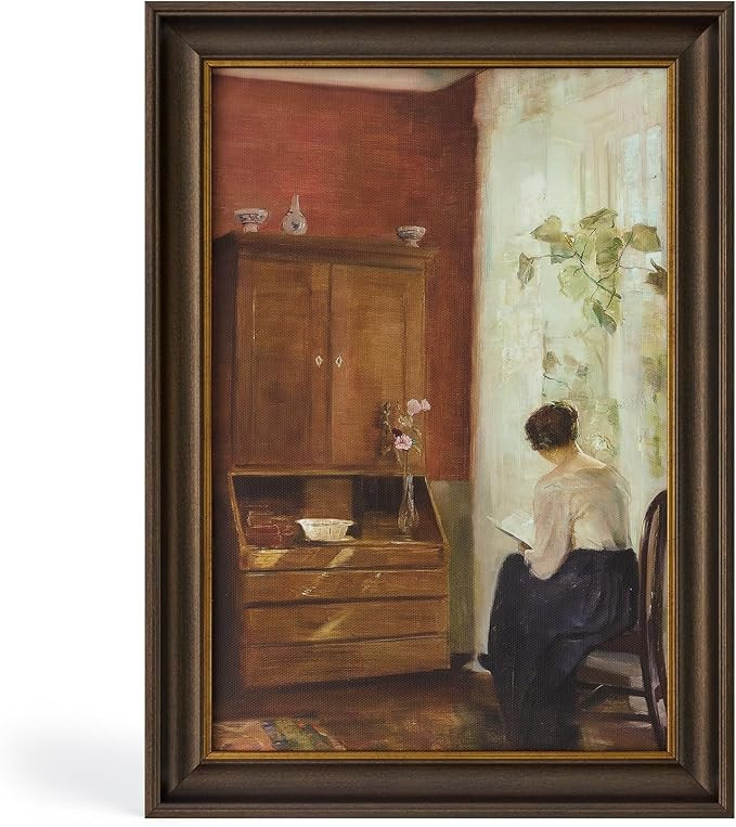 Vintage Gold Framed Canvas Book Wall Art, Woman Reading by Window, Rustic Gold Framed Canvas Prin... | Amazon (US)