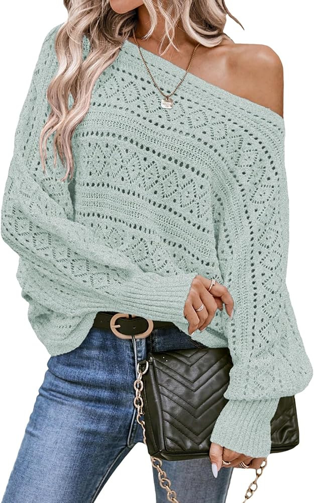 EVALESS Women's Crochet Boat Neck Long Sleeve Loose Fit Sweaters Fall Winter Clothes for Women Fa... | Amazon (US)