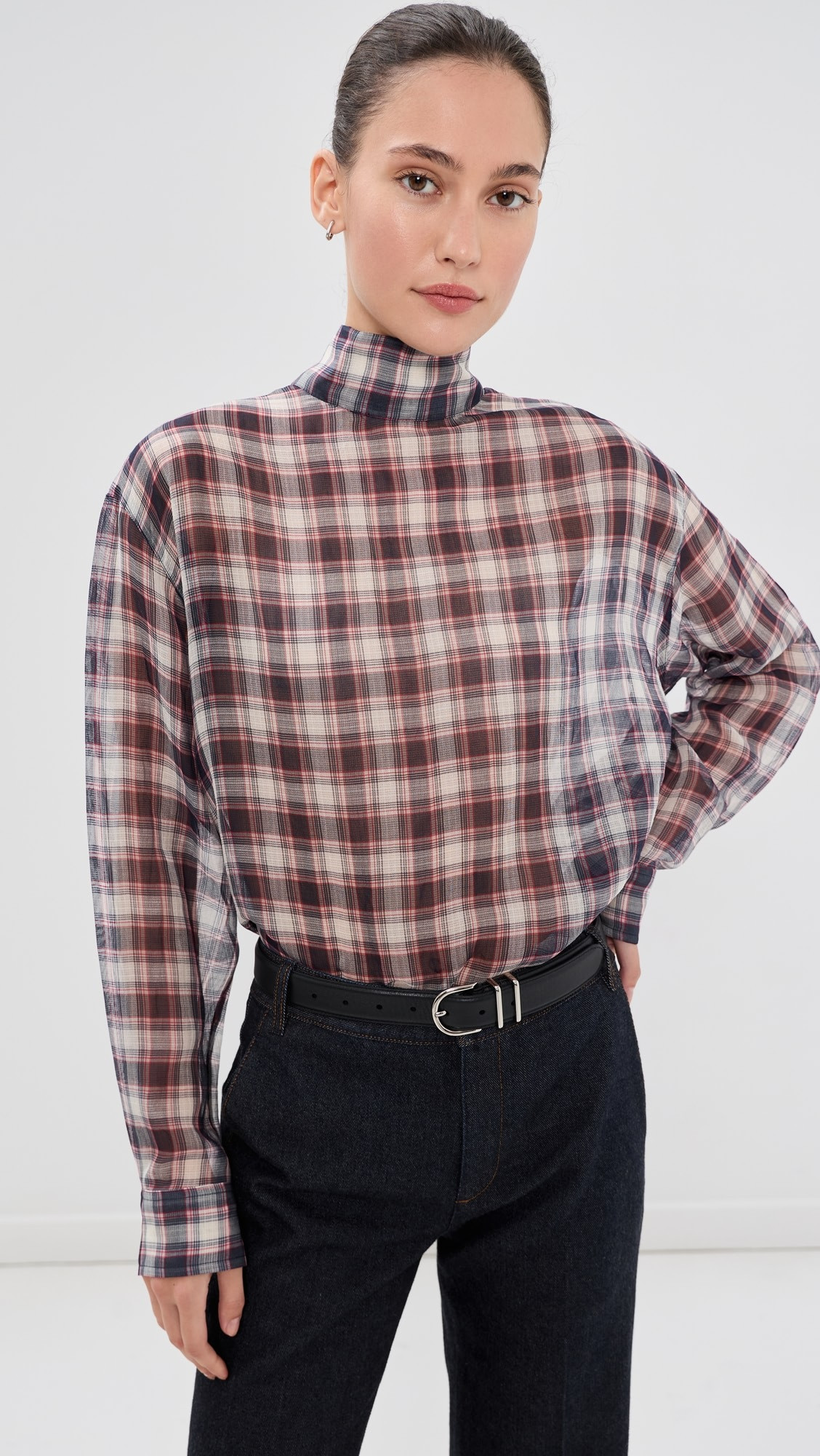 Tibi Silk Cotton Plaid Funnel Neck Shirt | Shopbop | Shopbop