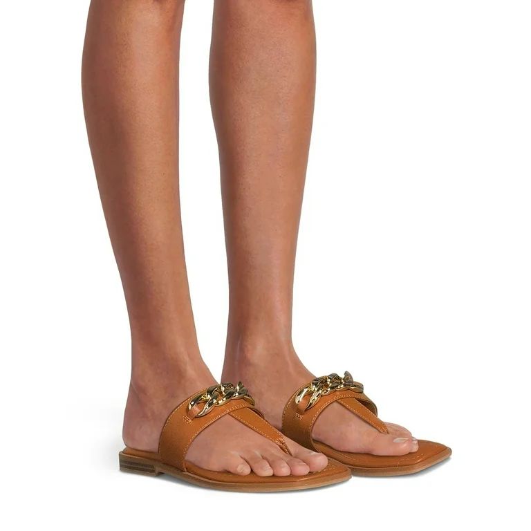 Time and Tru Women's T-Strap Sandals with Chain Accent, Sizes 6-11 | Walmart (US)