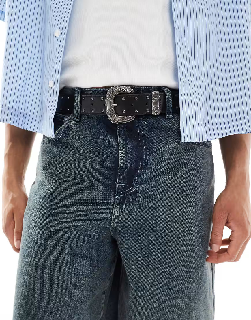 ASOS DESIGN western floral studded belt in faux black leather | ASOS (Global)