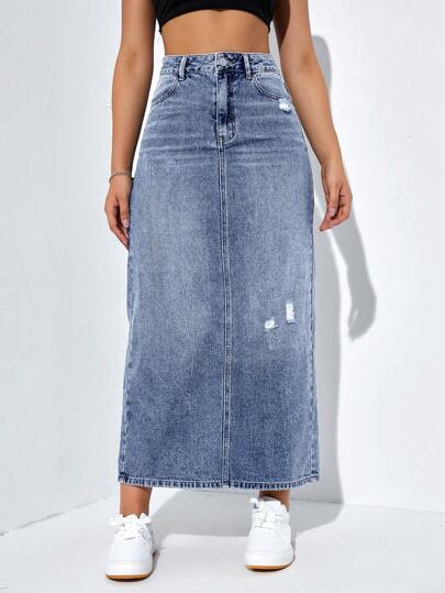 SHEIN EZwear High Waist Ripped Slit Back Denim Skirt | SHEIN