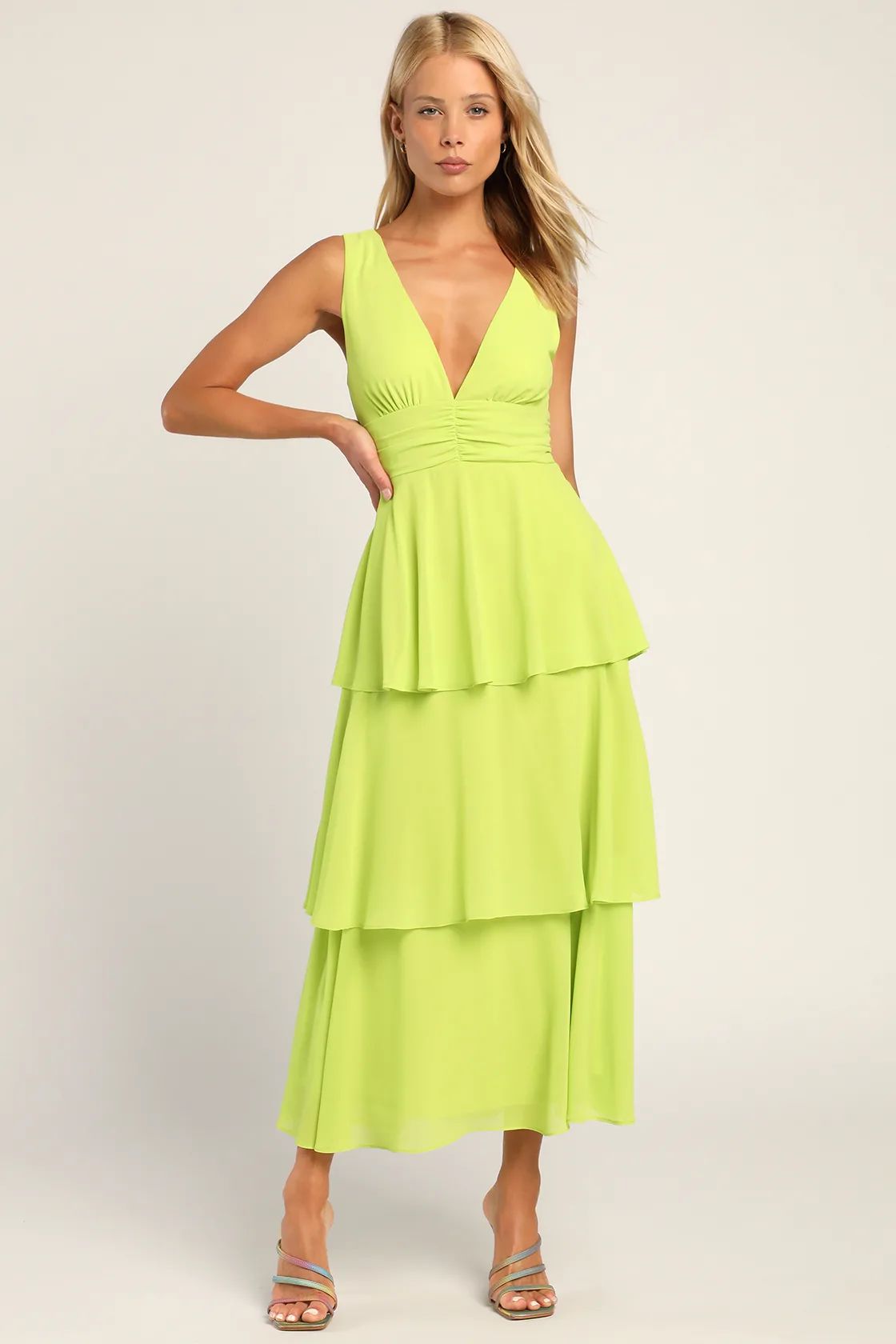 Celebration Time Lime Green Sleeveless Tiered Midi Dress | Lulus