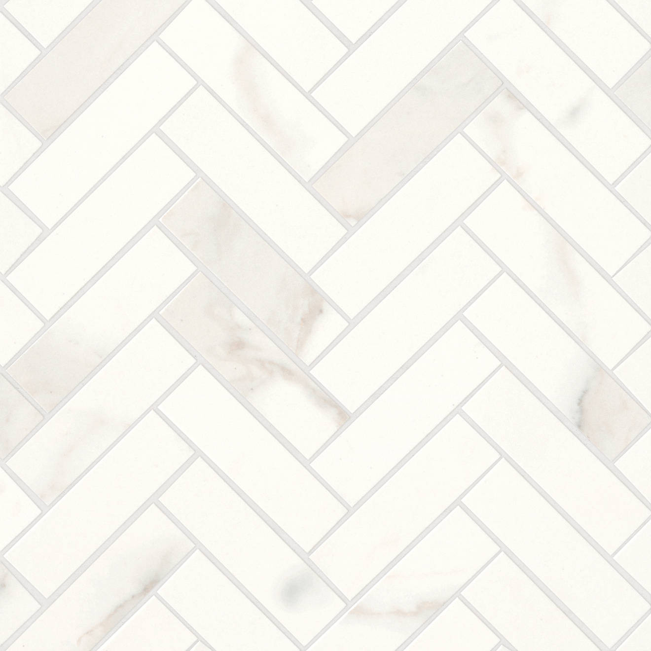 Magnifica 1" x 4" Honed Herringbone Porcelain Mosaic Tile in Calacatta Super White | Bedrosians Tile and Stone