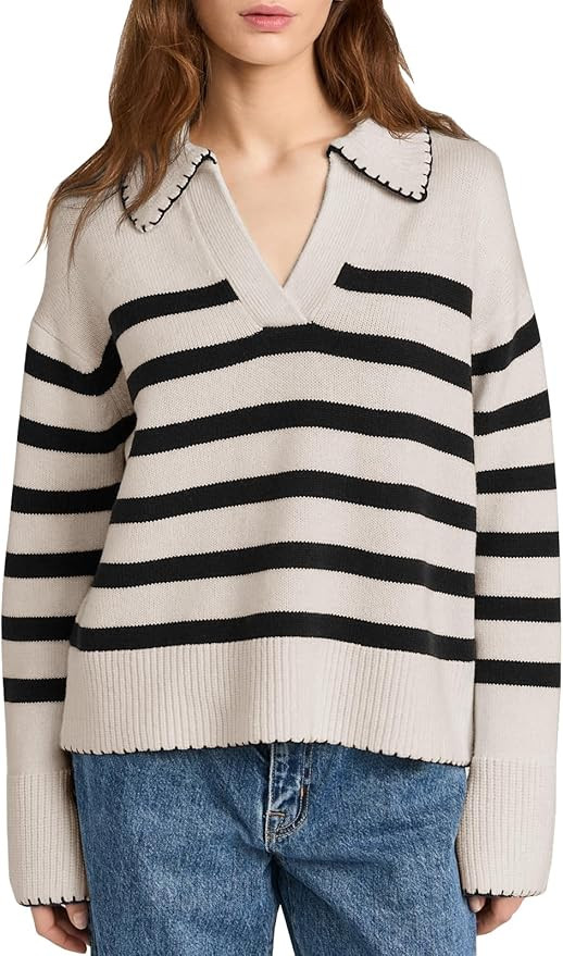 Saodimallsu Women's Striped Sweaters V Neck Collared 2024 Fall Trendy Knit Long Sleeve Loose Pull... | Amazon (US)
