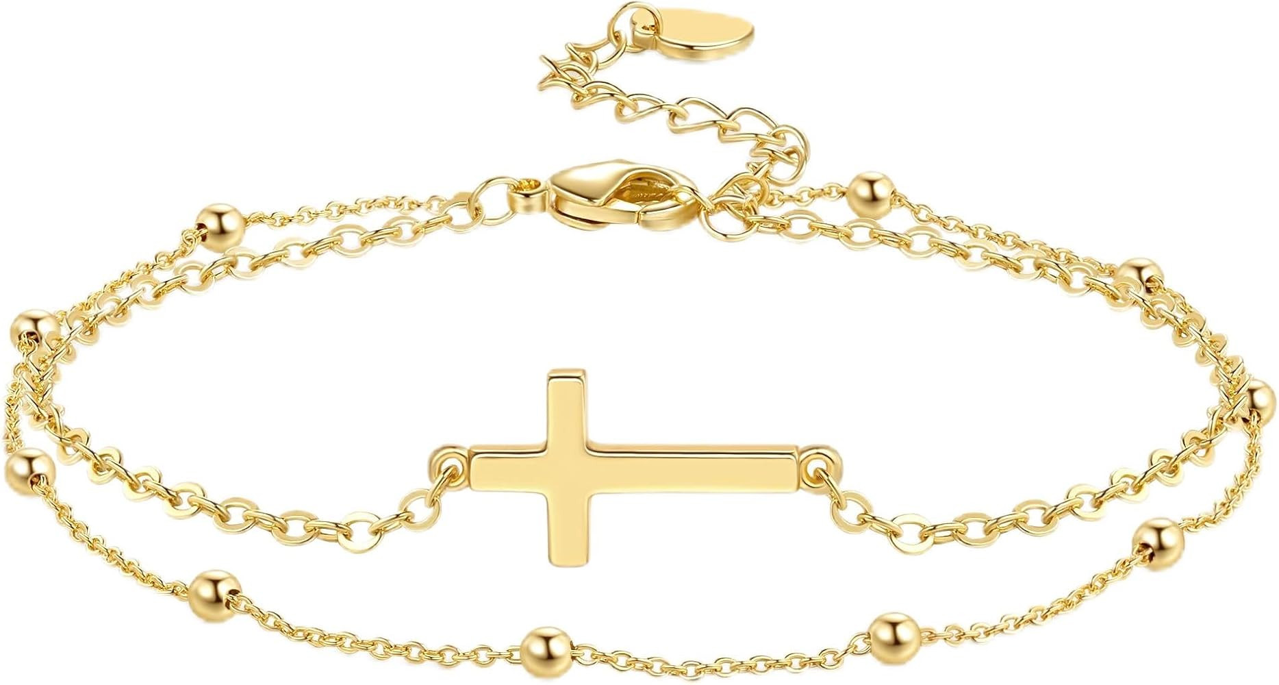 14K Gold Cross Bracelet for Women Gold Bead Chain for Women Double Layered Bracelets for Womens B... | Amazon (US)