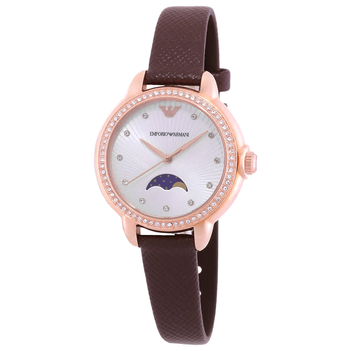 Emporio Armani Mia Quartz Moon Phase Crystal Silver Dial Ladies Watch AR11568 | Jomashop.com & JomaDeals.com