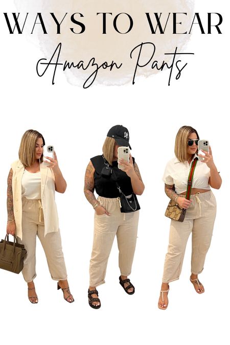 Pants size XL - they run a little oversized 

Blazer vest linked similar , satin cami L , black top link 2 very similar, white top XL I added a twist in front with elastic and tucked it up into my bra for cropped look. 

#midsize #linen #linenpants #waystowear #summeroutfits #businesscasual #cropped #fendi #gucci #amazon #amazonfashion #weekendoutfits #casualoutfits #sandals #dadsandals 

#LTKFind #LTKunder50 #LTKstyletip