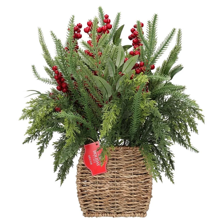 Berry and Greenery Arrangement in Woven Basket Christmas Decoration, Multicolor, 15.5", by Holida... | Walmart (US)
