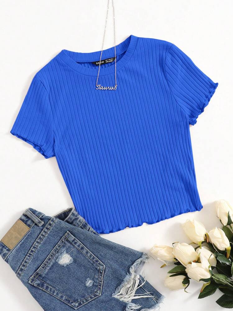 SHEIN EZwear Solid Lettuce Trim Rib-knit Tee | SHEIN