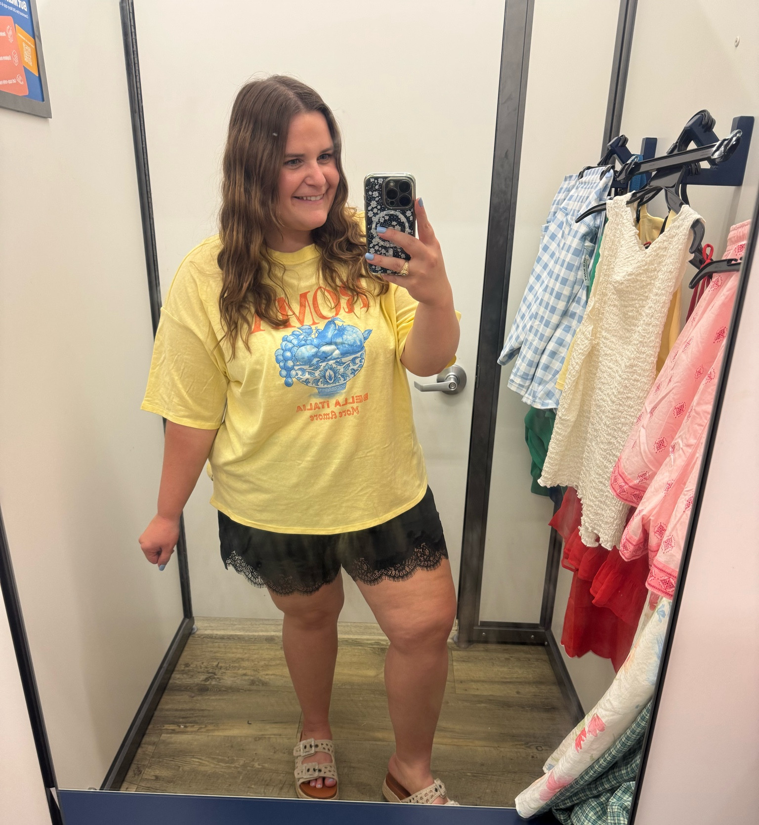Wearing an xl in this old navy graphic tshirt. Wearing an xl in these satin shorts. Finished the look with Walmart sandals. 

#LTKMidsize #LTKootd #LTKPlusSize