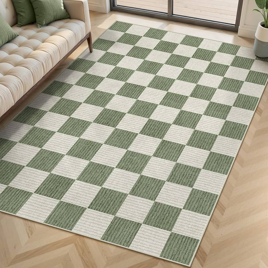 LIVEBOX 4x6 Washable Area Rug Checkered, Non-Slip Small Entryway Rug Green Farmhouse Neutral Geom... | Amazon (US)
