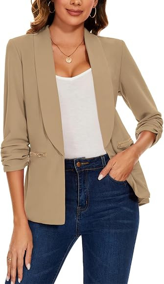 MINTLIMIT Womens Open Front Blazer Suit Jacket 3/4 Ruched Sleeve Blazers Casual Cardigan Outerwea... | Amazon (UK)