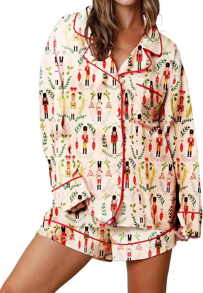 NUFIWI Women Christmas Pajamas Pjs Set Cute Santa Colorful Pj Long Sleeve Shirt Lounge Shorts 2 P... | Amazon (US)