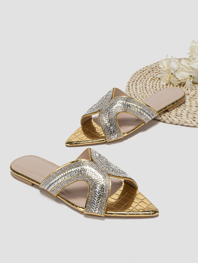 Women Metallic Crocodile Embossed Rhinestone Decor Flat Sandals, Glamorous Slide Sandals For Summ... | SHEIN