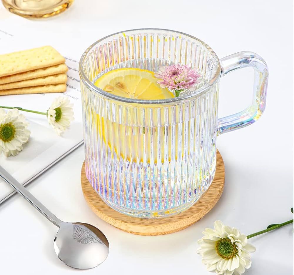 LETINE Iridescent Glass Coffee Mug with Lids (12.5 oz) - Insulated Coffee Mugs Tea Cup with an Es... | Amazon (US)