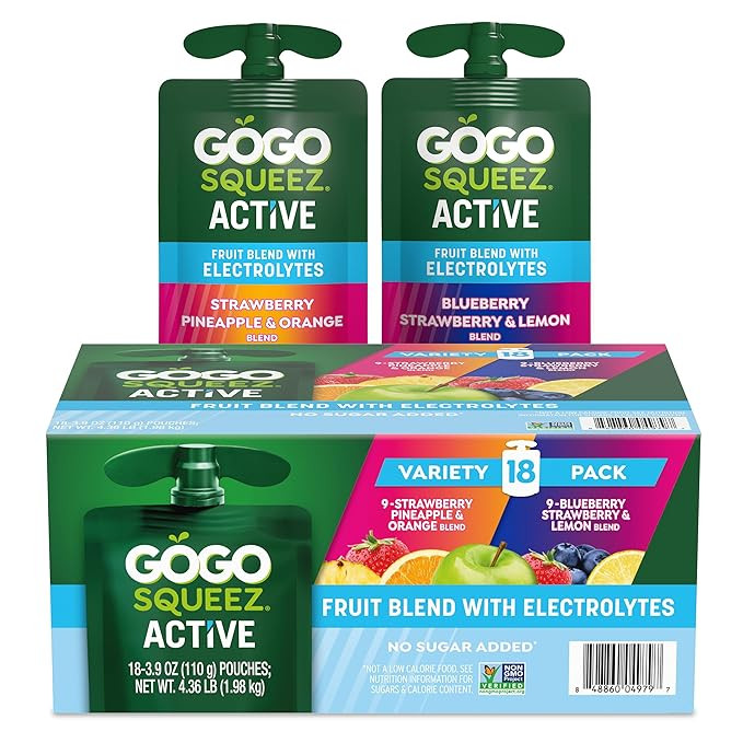 GoGo squeeZ Active Fruit Blend with Electrolytes | 18-Count Variety Pack | Blueberry Strawberry L... | Amazon (US)