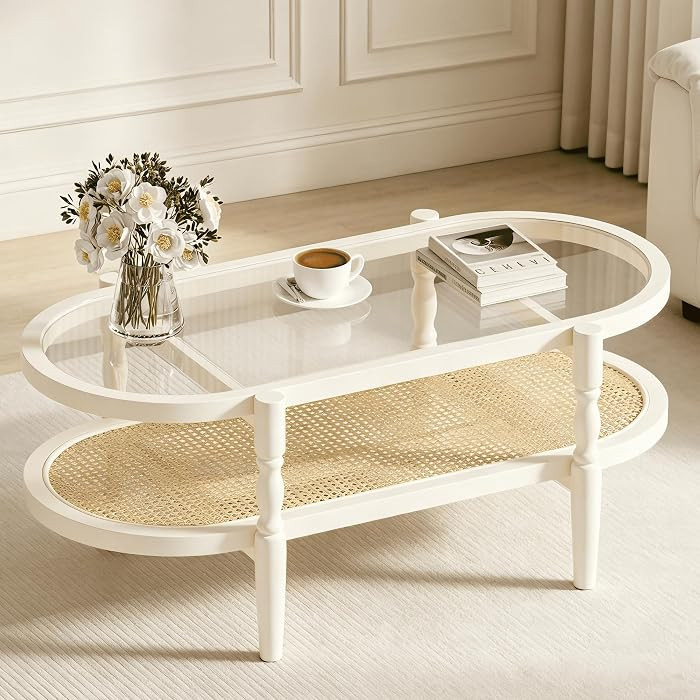 Rattan Coffee Table, Oval Cocktail Table with Glass Top and Solid Wood Frame, Boho Indoor & Outdo... | Amazon (US)