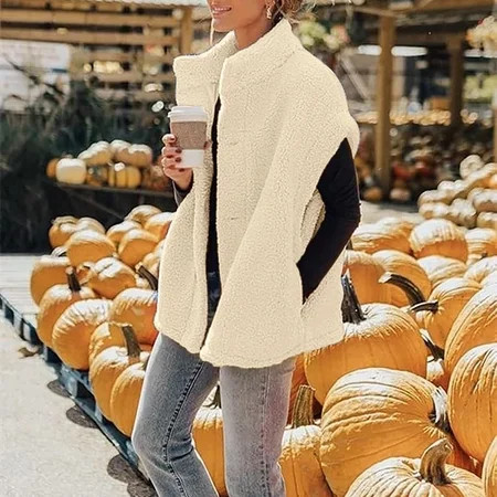 bbyeadc Oversized Fleece Vest for Women Button Up Stand Collar Sleeveless Vest Fashion Warm Winter Oversized Sherpa Jacket Outerwear with Pockets KhakiM | Walmart (US)