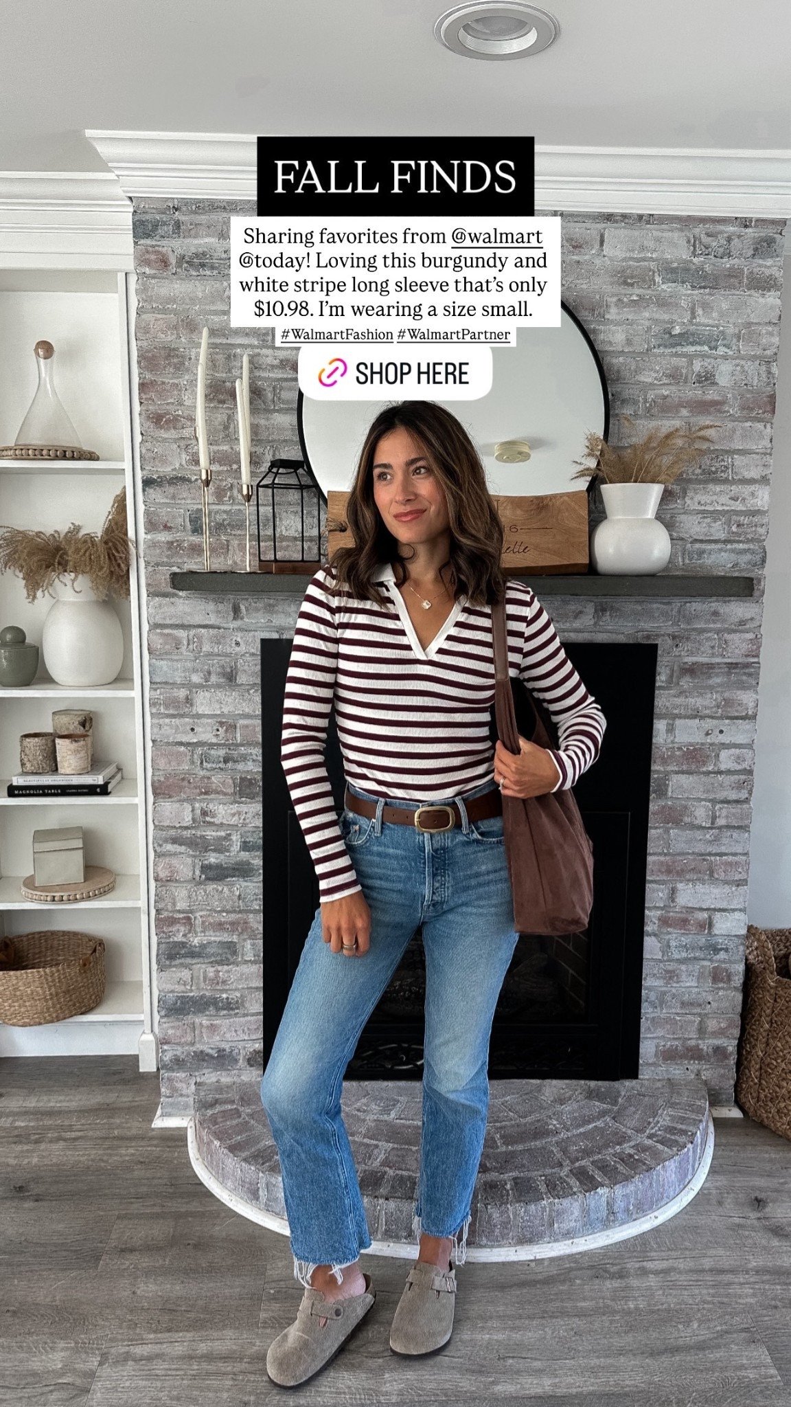 Sharing favorites from @walmart  @today! Loving this burgundy and white stripe long sleeve that’s only $10.98. I’m wearing a size small.  #WalmartFashion #WalmartPartner