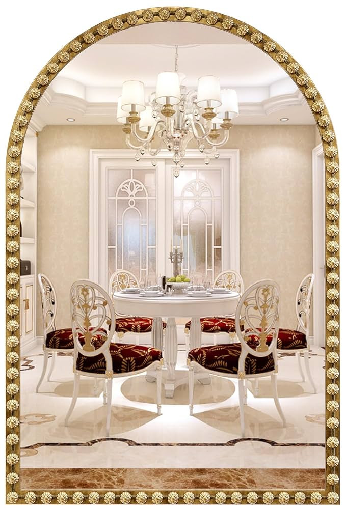 Arched Mirror for Wall, 20"x30" Antique Gold Arch Bathroom Vanity Mirror, Metal Floral Frame Deco... | Amazon (US)