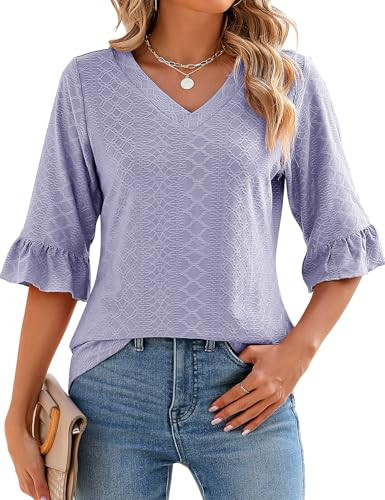 LOMON Womens Tops Dressy Casual Summer Trendy 3/4 Sleeve Plus Size Loose V-Neck Blouses Ruffle Bell Sleeve Going Out T-Shirts Oversized Tunic (Purple,3X-Large) | Amazon (US)