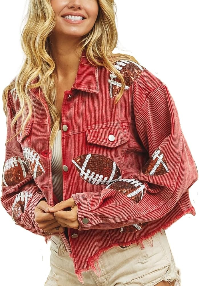 Joiemont Womens Corduroy And Rugby Sequined Cropped Jacket Vintage Gameday Sequin Patched Jacket Coat | Amazon (US)