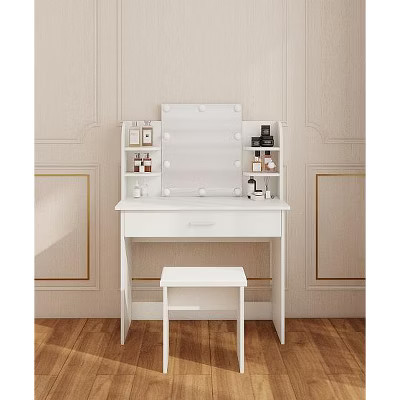 Gulches White Compact Vanity Table with Adjustable Mirror & Matching Stool - 1 Drawer + Open Shelves, Stylish Makeup Dressing Table | Target